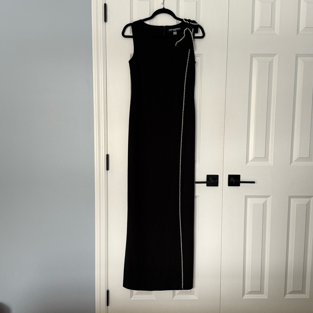 Karl Lagerfeld Paris Black Sleeveless Gown w/ Pearl Trim | Size 4 - Picture 2 of 11